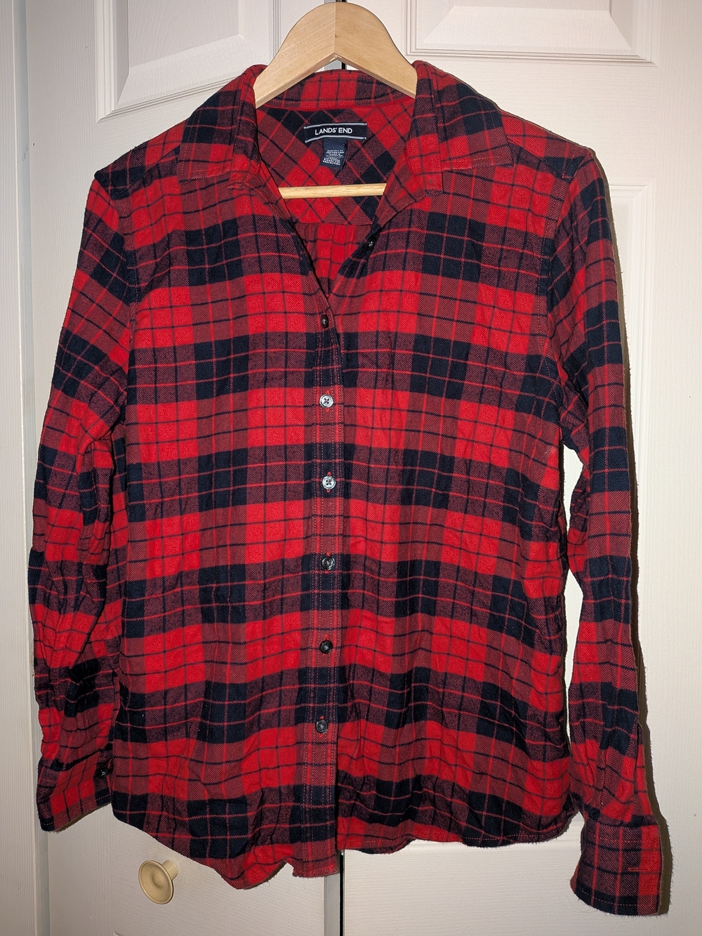 Lands' End Red and Black Plaid Button-Front Shirt